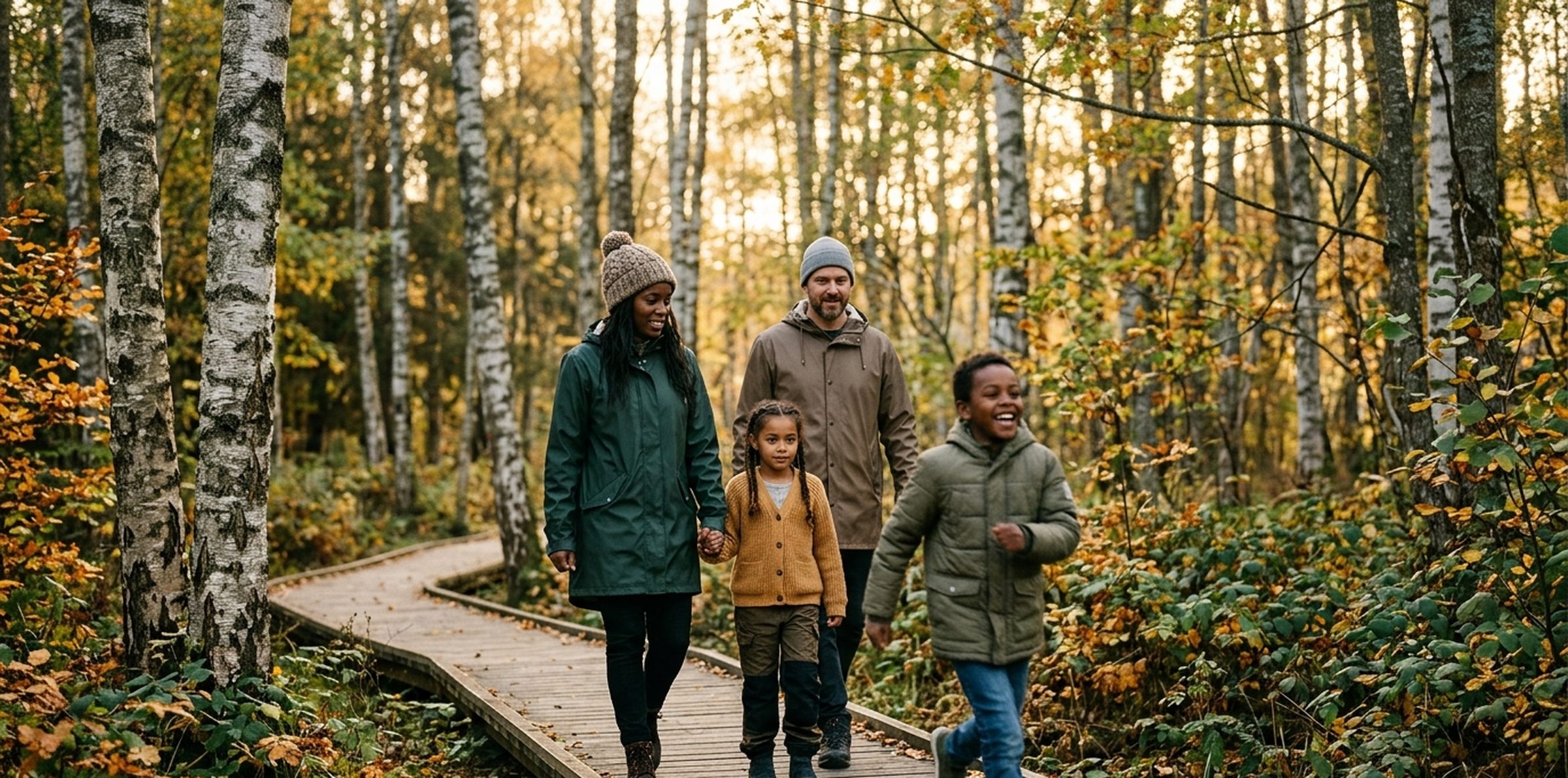 En familj går tillsammans i en björkskog under en gyllene höstdag, varma färger och lugn närvaro.